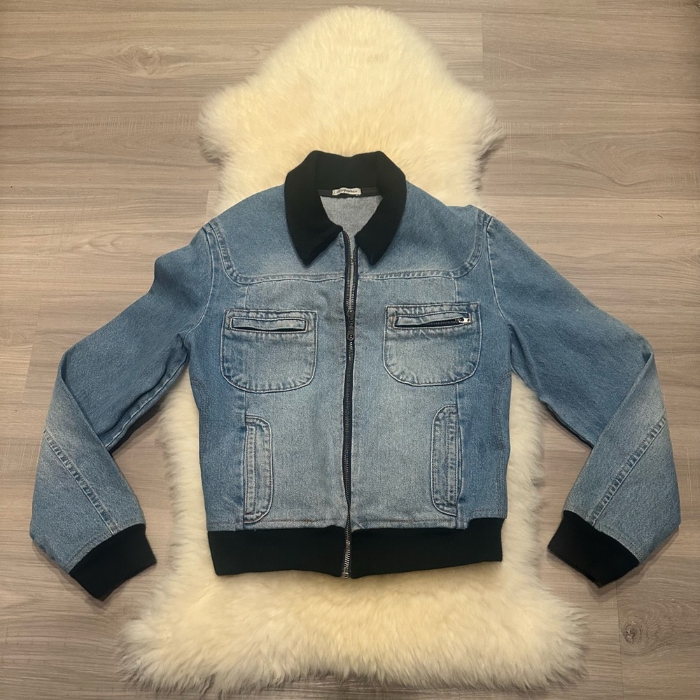 Light Blue Denim Bomber Jacket with Black Accents. BL/RD14
